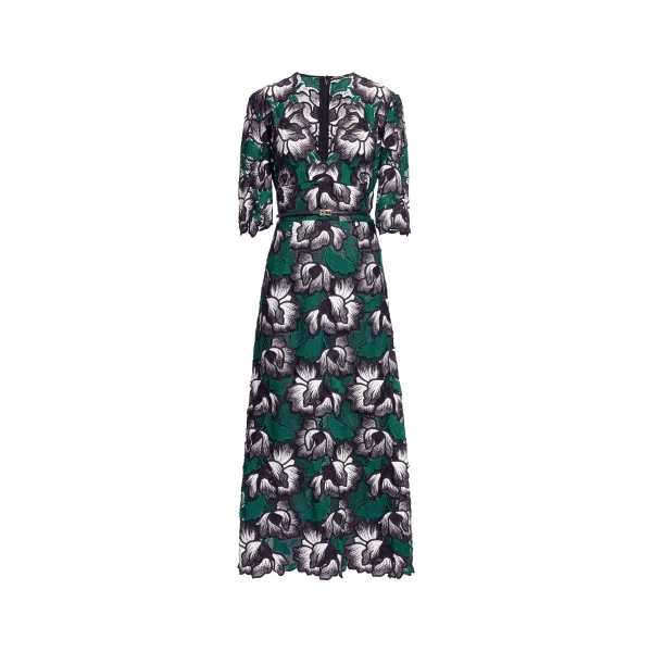 Elie Saab Macramé Midi Dress in Multicolour featuring V-Neck – Luxury Designer Fashion at Coveti.