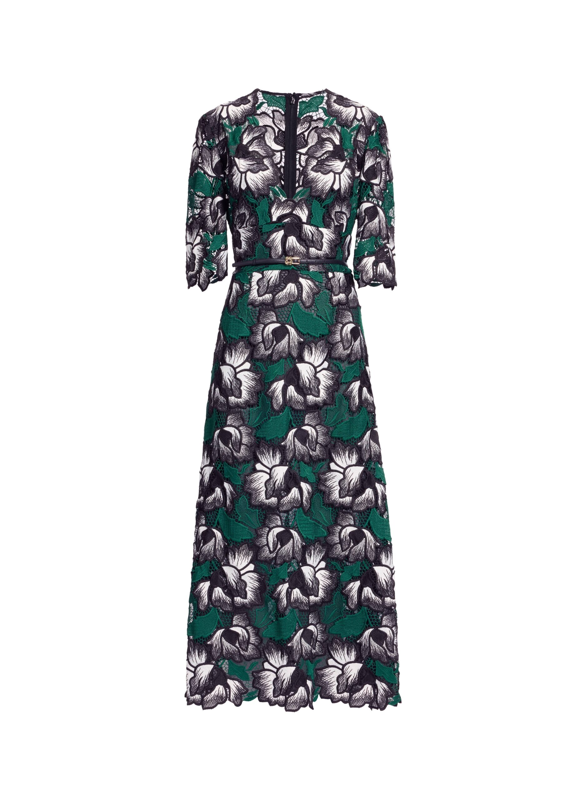 Elie Saab Macramé Midi Dress in Multicolour featuring V-Neck – Luxury Designer Fashion at Coveti.