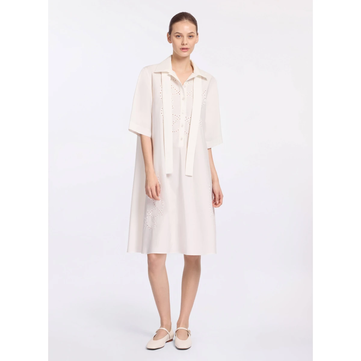 Elie Saab Monogram Embroidered Cotton Shirt Dress in White featuring Cut-Work Monogram Embroidery – Luxury Designer Fashion at Coveti.