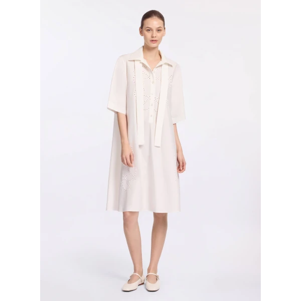 Elie Saab Monogram Embroidered Cotton Shirt Dress in White featuring Cut-Work Monogram Embroidery – Luxury Designer Fashion at Coveti.