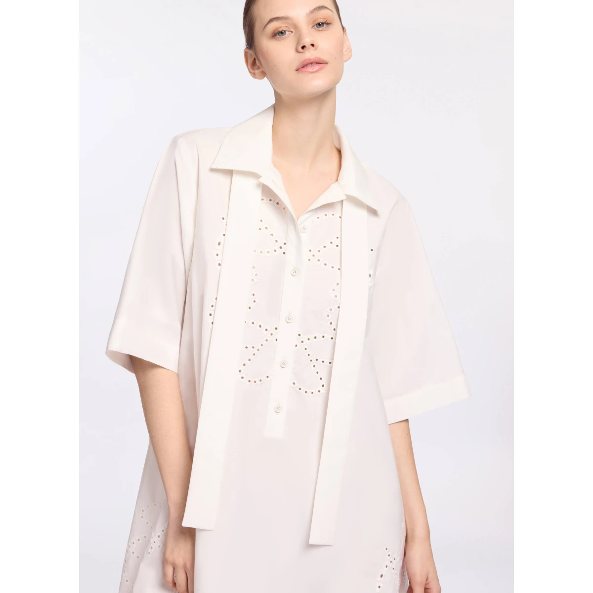 Elie Saab Monogram Embroidered Cotton Shirt Dress in White featuring Cut-Work Monogram Embroidery – Luxury Designer Fashion at Coveti.