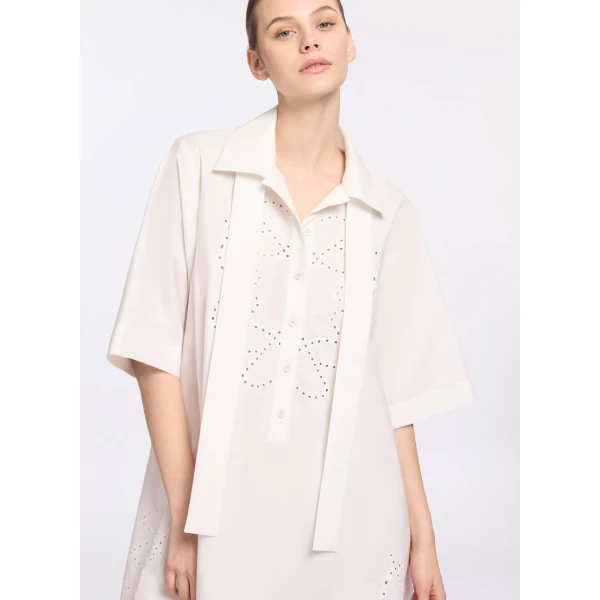 Elie Saab Monogram Embroidered Cotton Shirt Dress in White featuring Cut-Work Monogram Embroidery – Luxury Designer Fashion at Coveti.