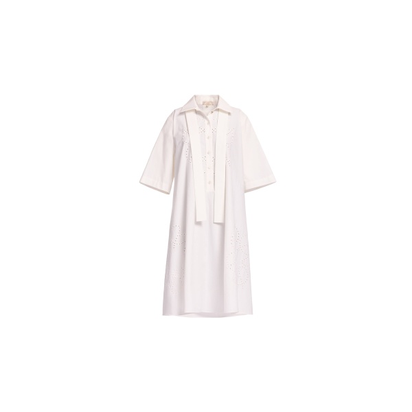 Elie Saab Monogram Embroidered Cotton Shirt Dress in White featuring Cut-Work Monogram Embroidery – Luxury Designer Fashion at Coveti.