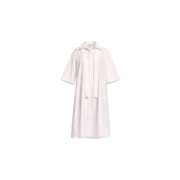 Elie Saab Monogram Embroidered Cotton Shirt Dress in White featuring Cut-Work Monogram Embroidery – Luxury Designer Fashion at Coveti.