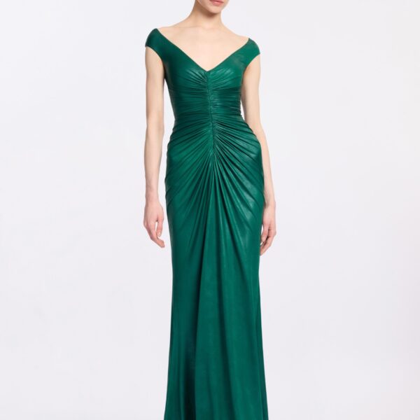 Elie Saab Off-The-Shoulder Jersey Leatherette Long Dress in Green featuring Off-The-Shoulder – Luxury Designer Fashion at Coveti.