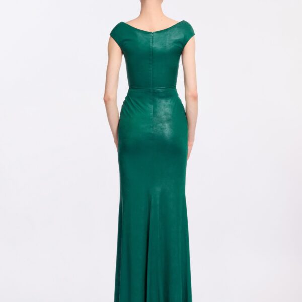 Elie Saab Off-The-Shoulder Jersey Leatherette Long Dress in Green featuring Off-The-Shoulder – Luxury Designer Fashion at Coveti.