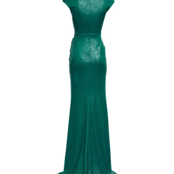 Elie Saab Off-The-Shoulder Jersey Leatherette Long Dress in Green featuring Off-The-Shoulder – Luxury Designer Fashion at Coveti.