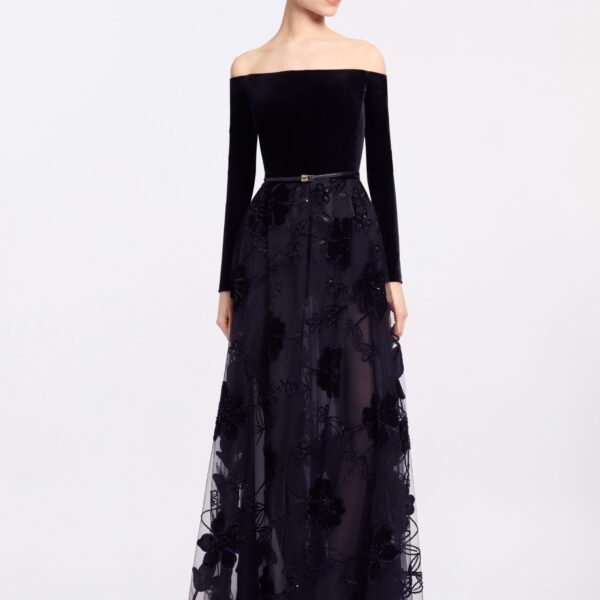 Elie Saab Off-The-Shoulder Velvet Embroidred Dress in Black featuring Off-The-Shoulder – Luxury Designer Fashion at Coveti.