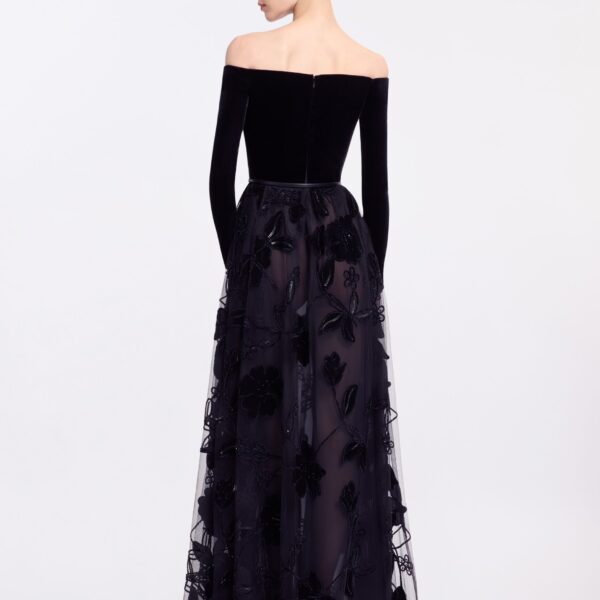Elie Saab Off-The-Shoulder Velvet Embroidred Dress in Black featuring Off-The-Shoulder – Luxury Designer Fashion at Coveti.