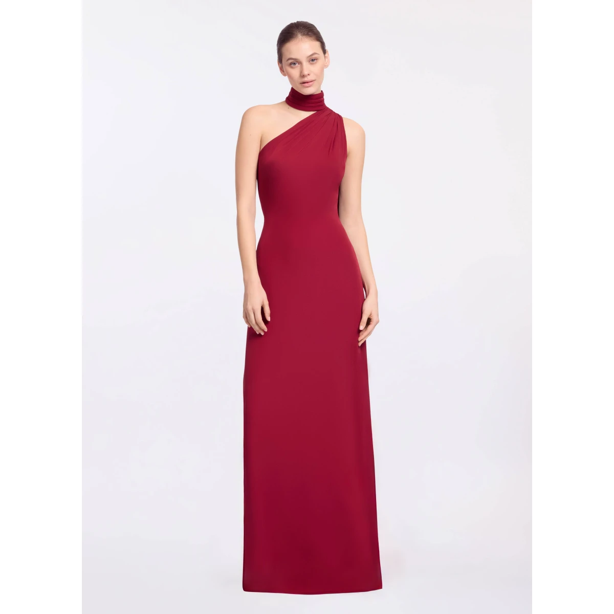 Elie Saab One-Shoulder Silk Long Dress in Red featuring Asymmetrical Draped Trail – Luxury Designer Fashion at Coveti.