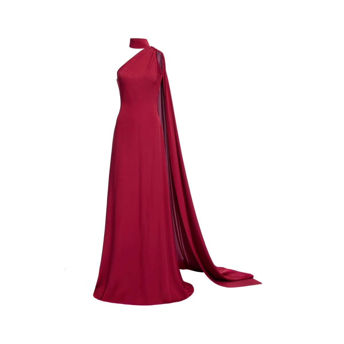 Elie Saab One-Shoulder Silk Long Dress in Red featuring Asymmetrical Draped Trail – Luxury Designer Fashion at Coveti.
