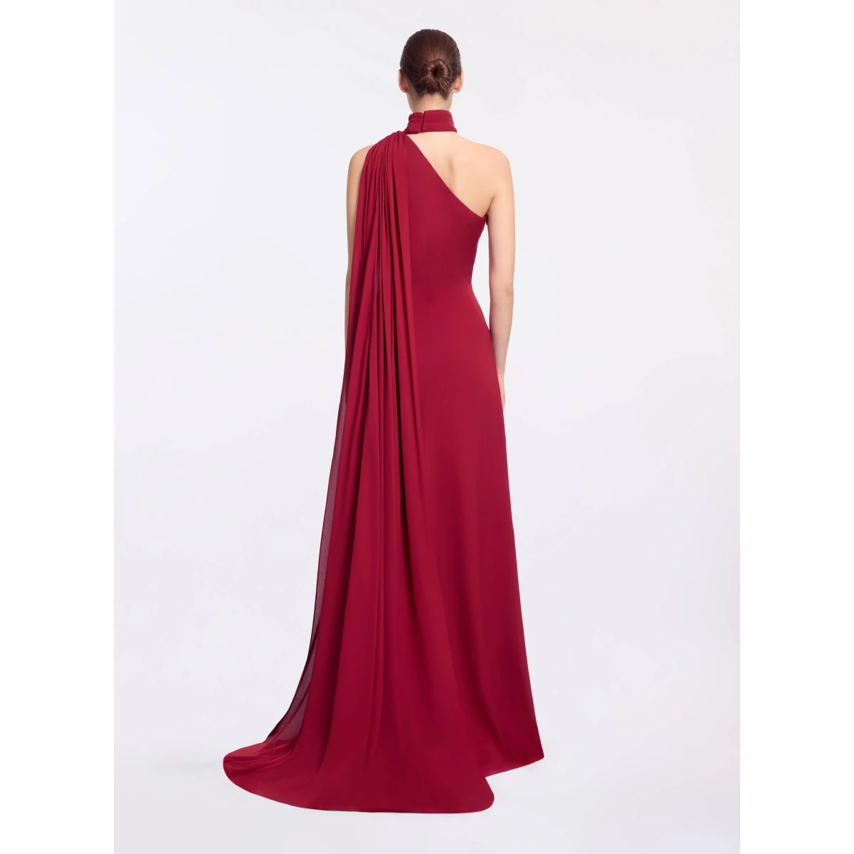 Elie Saab One-Shoulder Silk Long Dress in Red featuring Asymmetrical Draped Trail – Luxury Designer Fashion at Coveti.