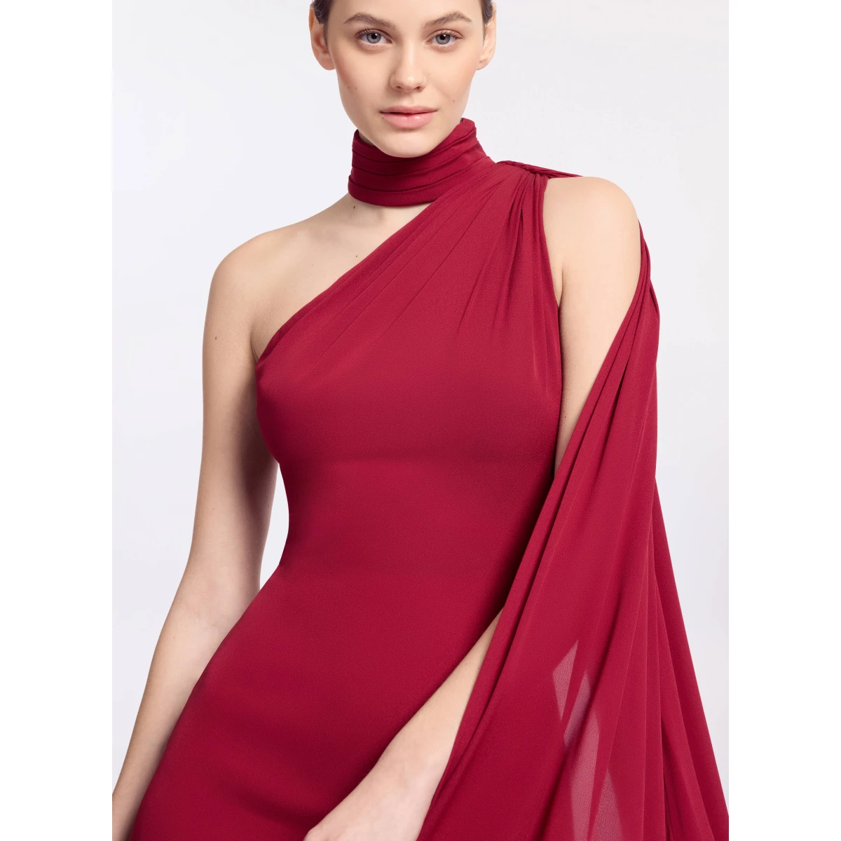 Elie Saab One-Shoulder Silk Long Dress in Red featuring Asymmetrical Draped Trail – Luxury Designer Fashion at Coveti.