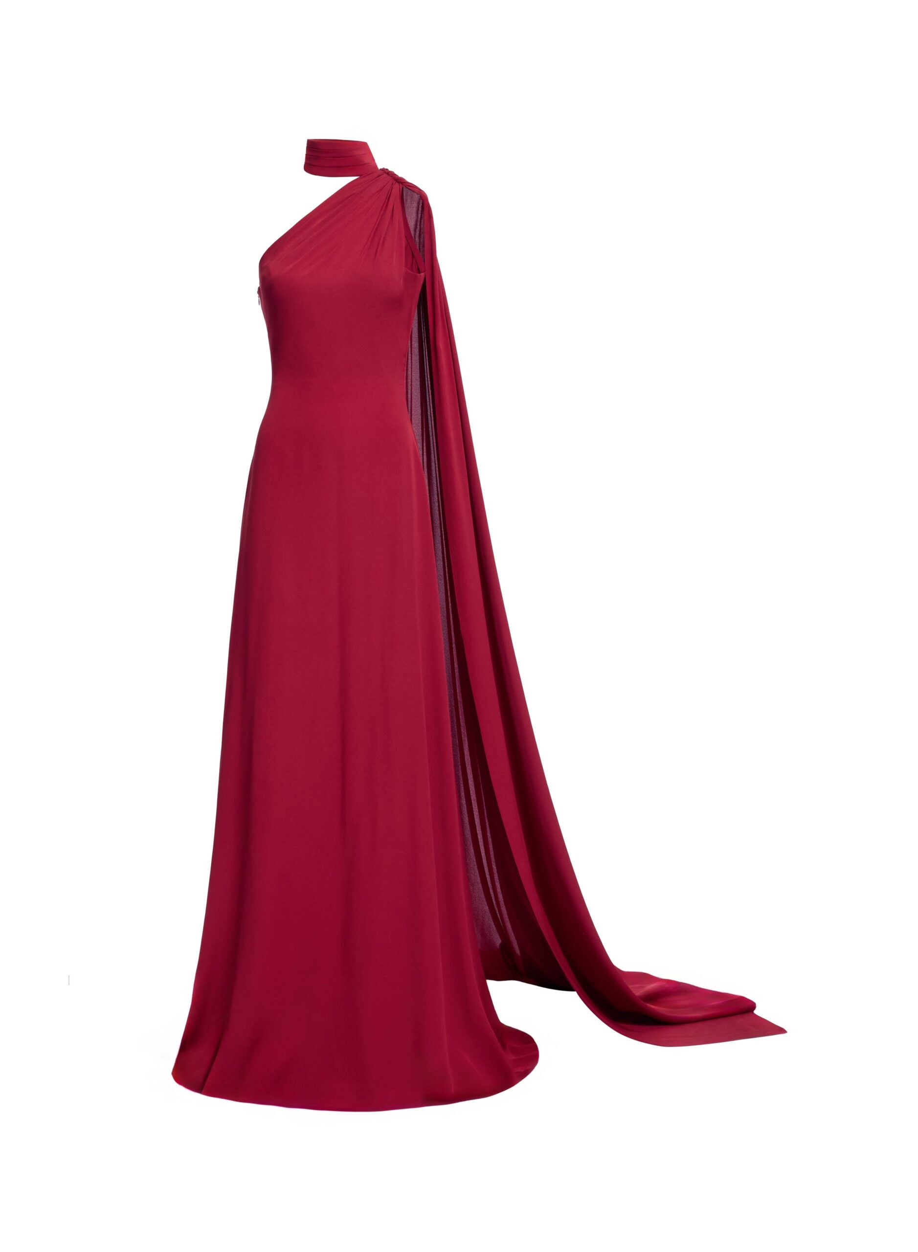 Elie Saab One-Shoulder Silk Long Dress in Red featuring Asymmetrical Draped Trail – Luxury Designer Fashion at Coveti.