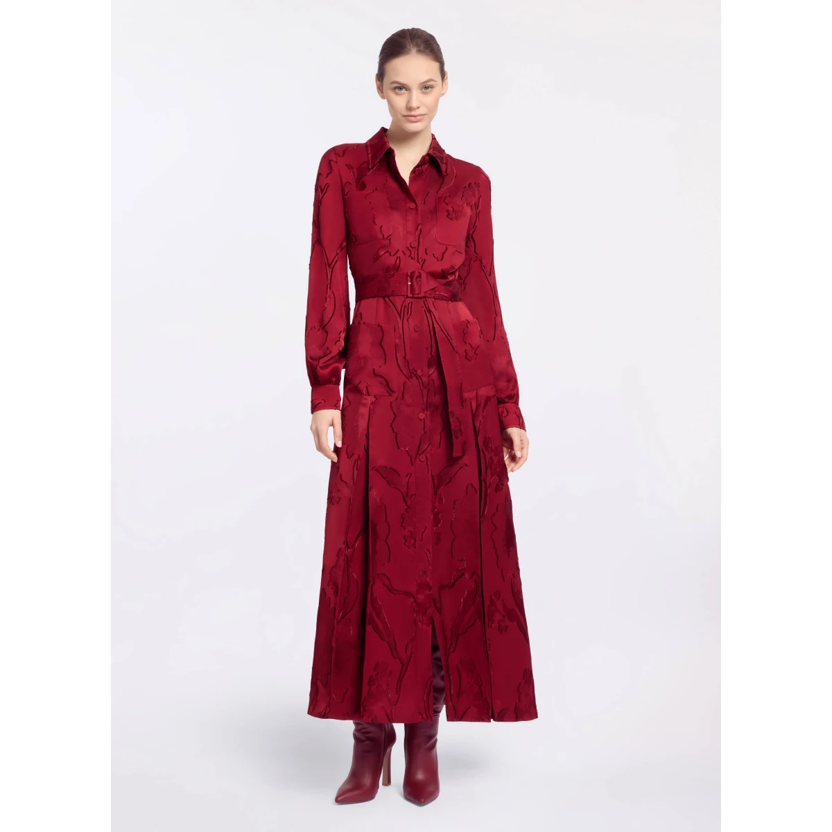 Elie Saab Pinstripe Cady Midi Dress in Red featuring Classic Collar – Luxury Designer Fashion at Coveti.