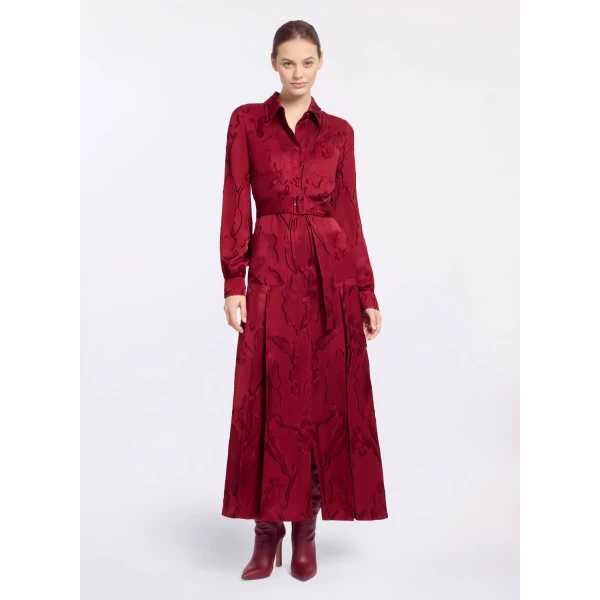 Elie Saab Pinstripe Cady Midi Dress in Red featuring Classic Collar – Luxury Designer Fashion at Coveti.