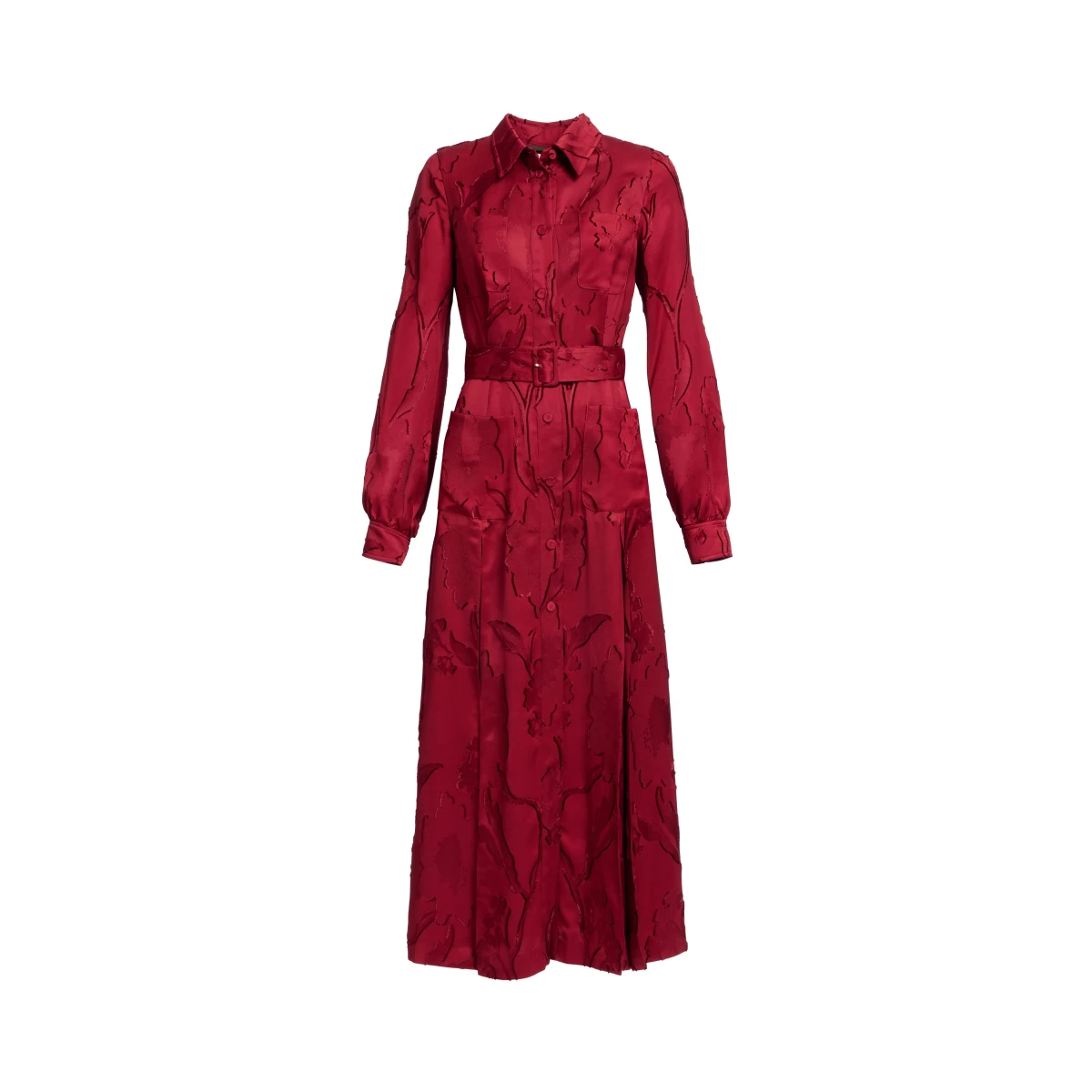 Elie Saab Pinstripe Cady Midi Dress in Red featuring Classic Collar – Luxury Designer Fashion at Coveti.