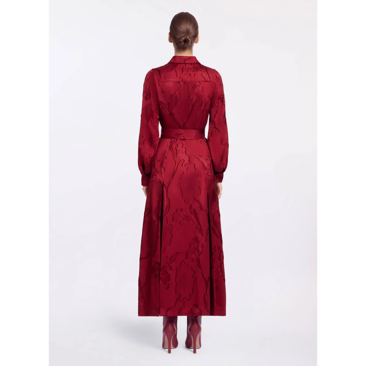 Elie Saab Pinstripe Cady Midi Dress in Red featuring Classic Collar – Luxury Designer Fashion at Coveti.