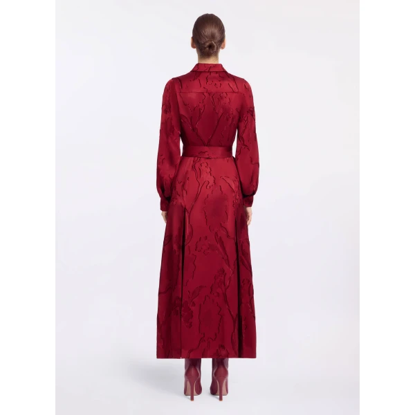 Elie Saab Pinstripe Cady Midi Dress in Red featuring Classic Collar – Luxury Designer Fashion at Coveti.
