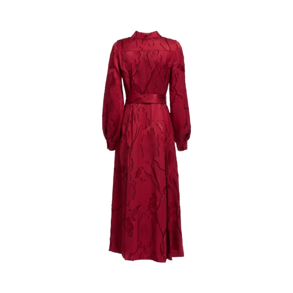 Elie Saab Pinstripe Cady Midi Dress in Red featuring Classic Collar – Luxury Designer Fashion at Coveti.