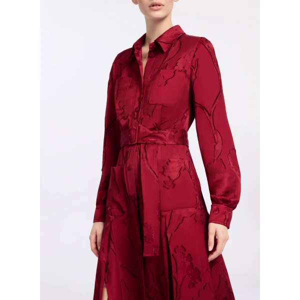 Elie Saab Pinstripe Cady Midi Dress in Red featuring Classic Collar – Luxury Designer Fashion at Coveti.