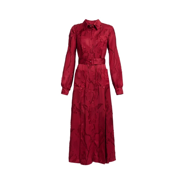 Elie Saab Pinstripe Cady Midi Dress in Red featuring Classic Collar – Luxury Designer Fashion at Coveti.