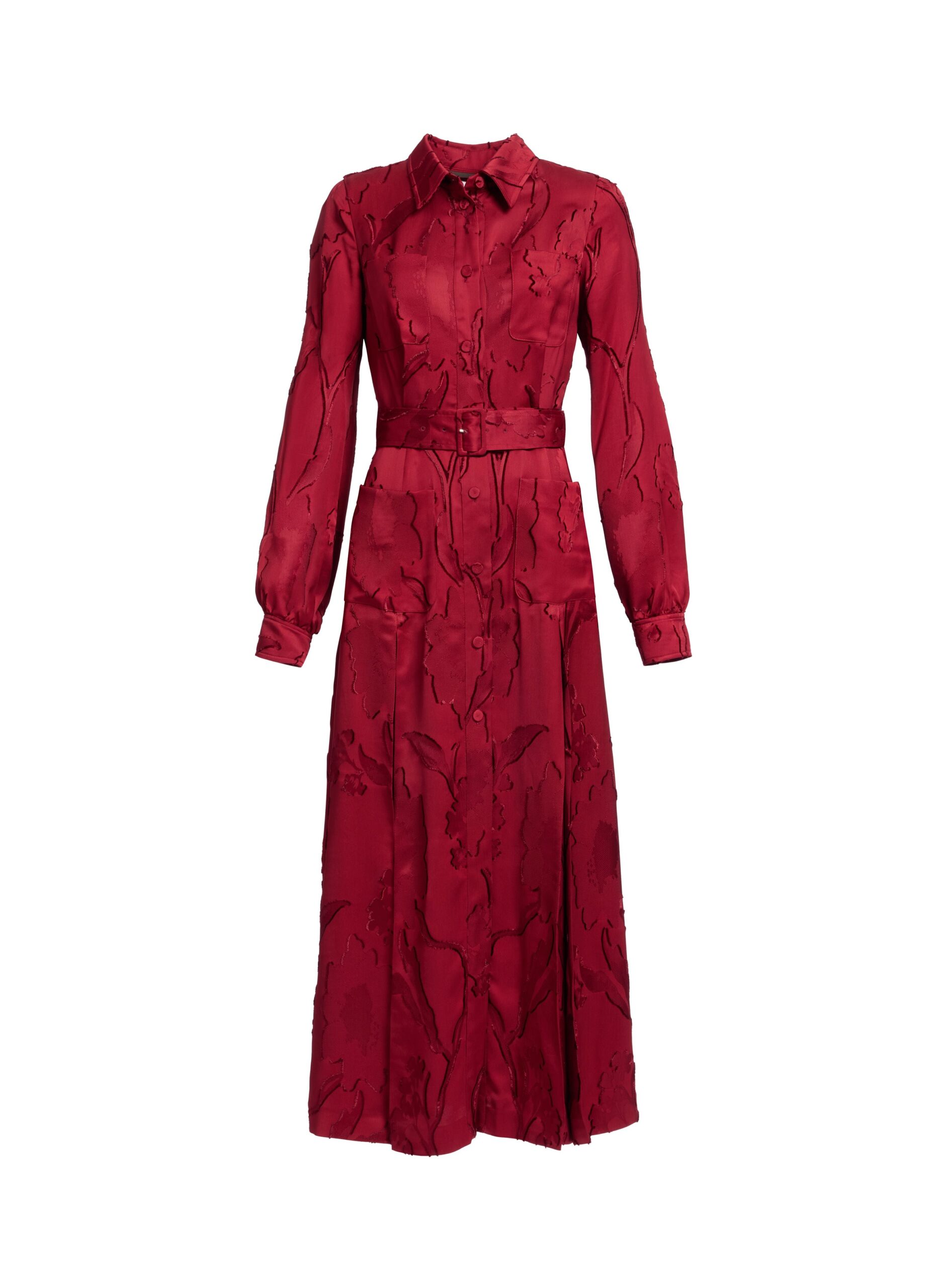 Elie Saab Pinstripe Cady Midi Dress in Red featuring Classic Collar – Luxury Designer Fashion at Coveti.