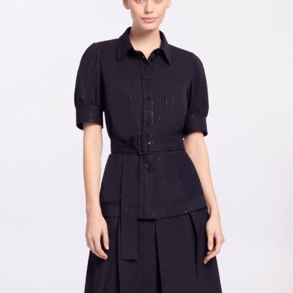 Elie Saab Pinstripe Crepe Shirt in Black featuring Classic Collar – Luxury Designer Fashion at Coveti.