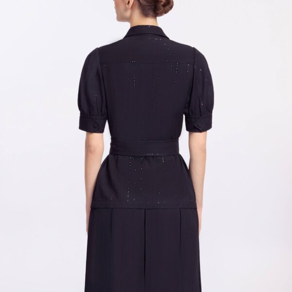 Elie Saab Pinstripe Crepe Shirt in Black featuring Classic Collar – Luxury Designer Fashion at Coveti.