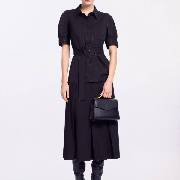 Elie Saab Pinstripe Crepe Shirt in Black featuring Classic Collar – Luxury Designer Fashion at Coveti.