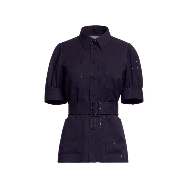 Elie Saab Pinstripe Crepe Shirt in Black featuring Classic Collar – Luxury Designer Fashion at Coveti.