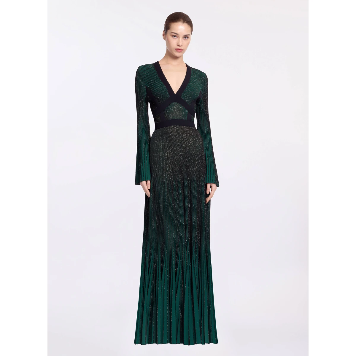 Elie Saab Pleated Knit Long Dress in Green featuring Pleated Knit – Luxury Designer Fashion at Coveti.