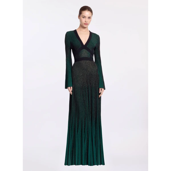 Elie Saab Pleated Knit Long Dress in Green featuring Pleated Knit – Luxury Designer Fashion at Coveti.