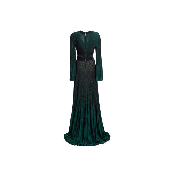 Elie Saab Pleated Knit Long Dress in Green featuring Pleated Knit – Luxury Designer Fashion at Coveti.