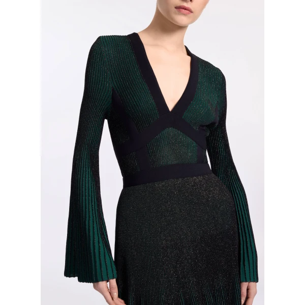 Elie Saab Pleated Knit Long Dress in Green featuring Pleated Knit – Luxury Designer Fashion at Coveti.