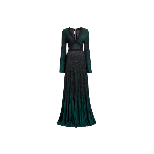 Elie Saab Pleated Knit Long Dress in Green featuring Pleated Knit – Luxury Designer Fashion at Coveti.