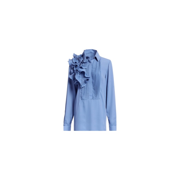 Elie Saab Pleated Ruffle Chiffon Shirt in Blue featuring Pleated Ruffle Details – Luxury Designer Fashion at Coveti.