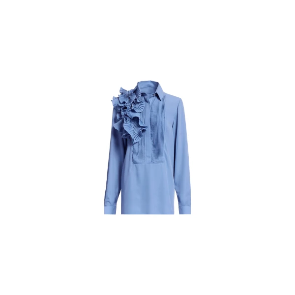 Elie Saab Pleated Ruffle Chiffon Shirt in Blue featuring Pleated Ruffle Details – Luxury Designer Fashion at Coveti.