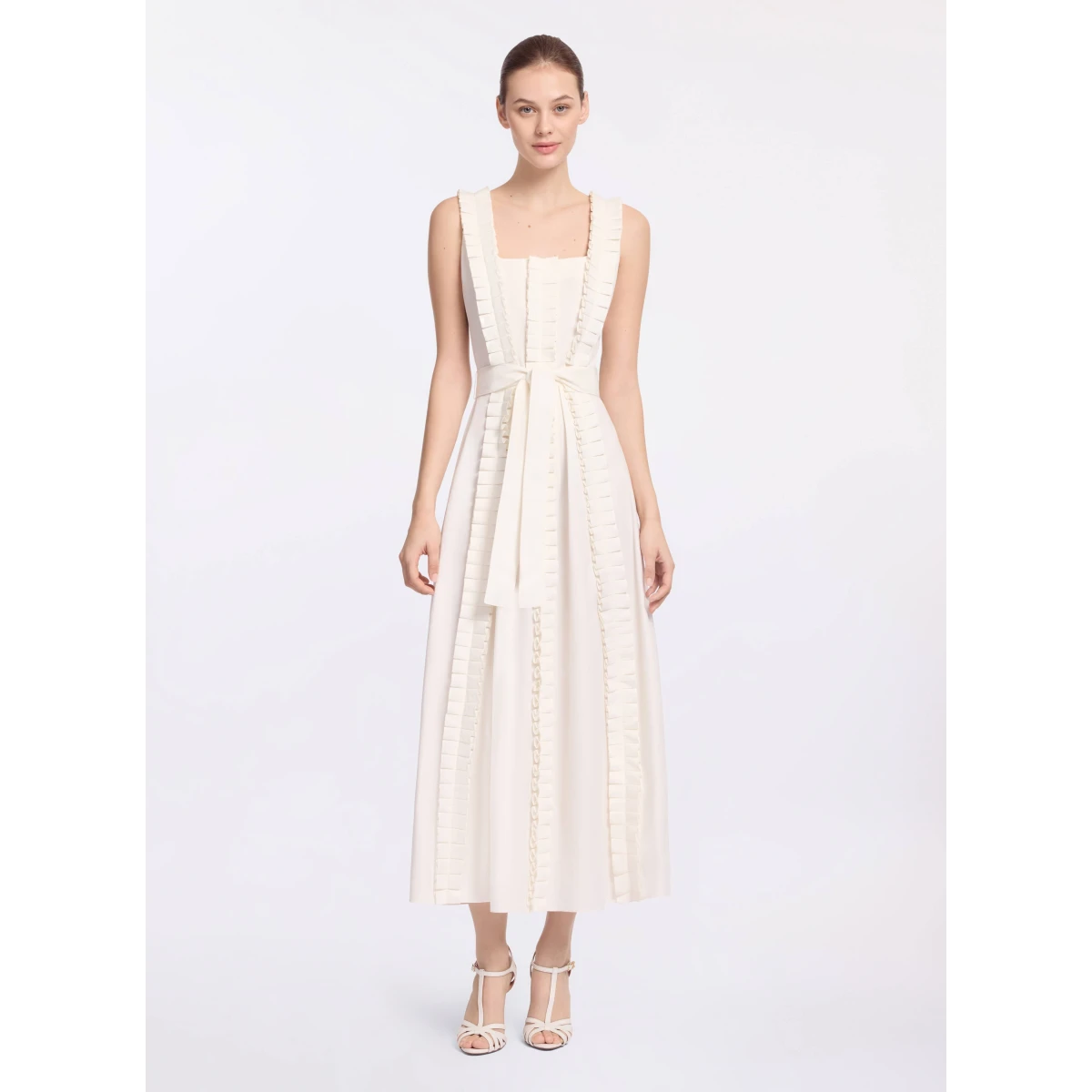 Elie Saab Pleated Ruffle Midi Dress in White featuring Pleated Ruffle Detail – Luxury Designer Fashion at Coveti.