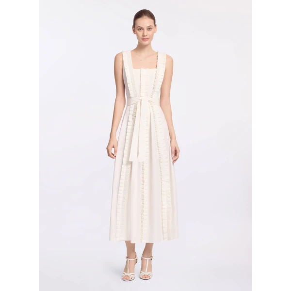 Elie Saab Pleated Ruffle Midi Dress in White featuring Pleated Ruffle Detail – Luxury Designer Fashion at Coveti.