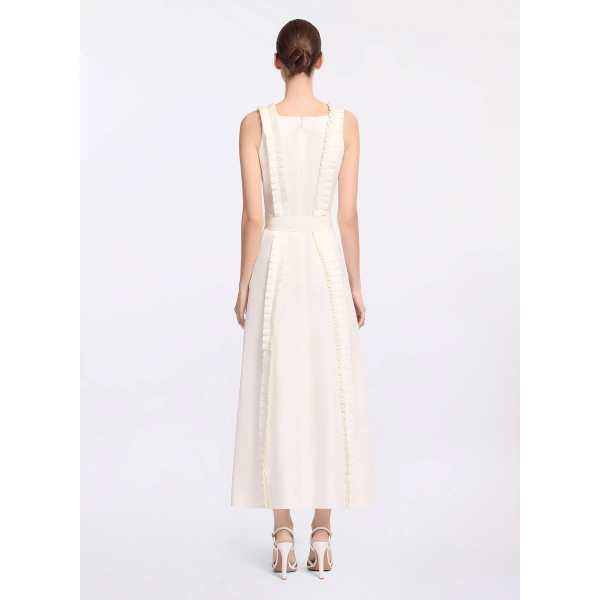 Elie Saab Pleated Ruffle Midi Dress in White featuring Pleated Ruffle Detail – Luxury Designer Fashion at Coveti.