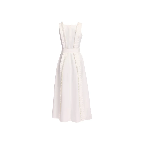 Elie Saab Pleated Ruffle Midi Dress in White featuring Pleated Ruffle Detail – Luxury Designer Fashion at Coveti.
