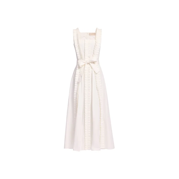 Elie Saab Pleated Ruffle Midi Dress in White featuring Pleated Ruffle Detail – Luxury Designer Fashion at Coveti.