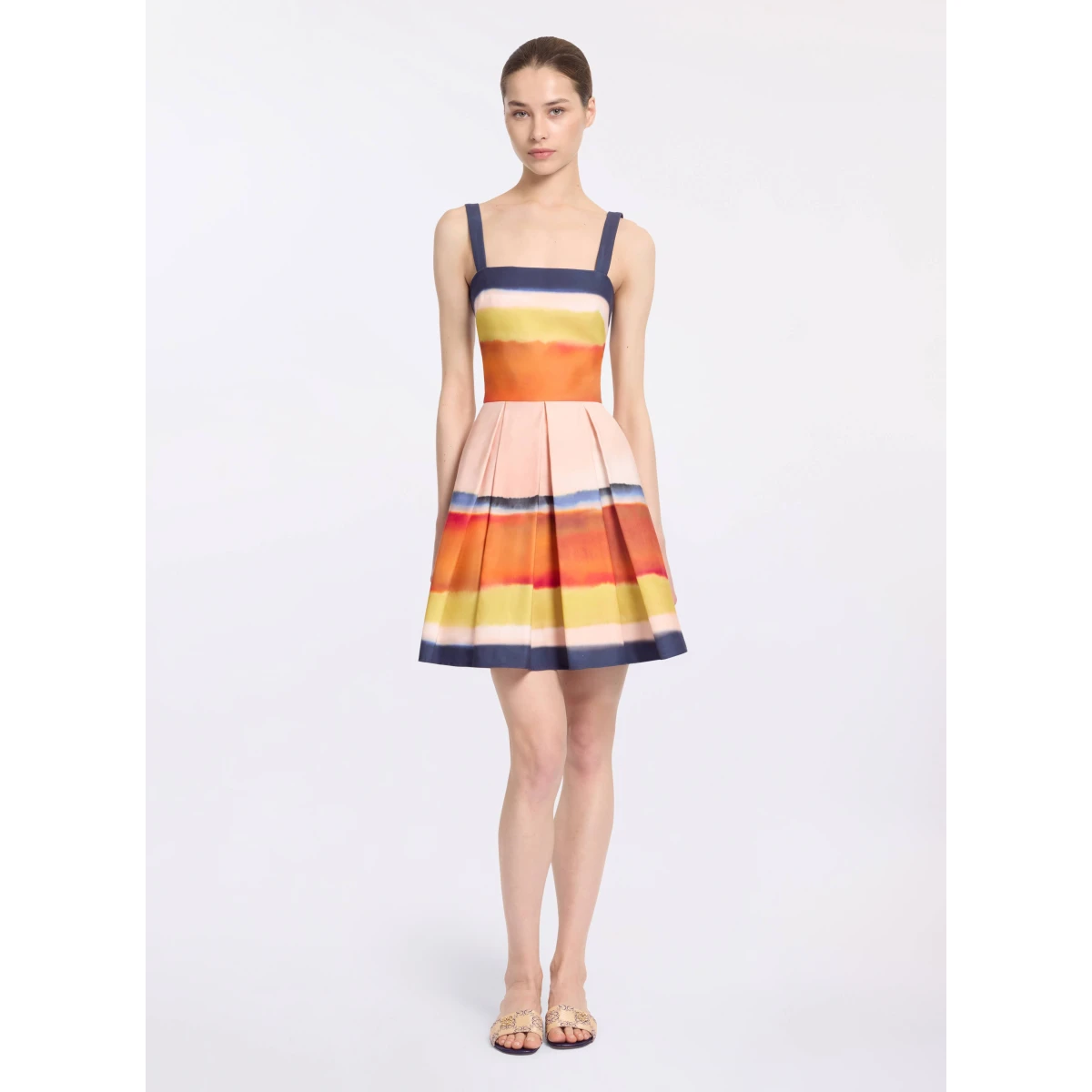 Elie Saab Printed Cotton Short Dress in Multicolour featuring Straight Across Neckline – Luxury Designer Fashion at Coveti.