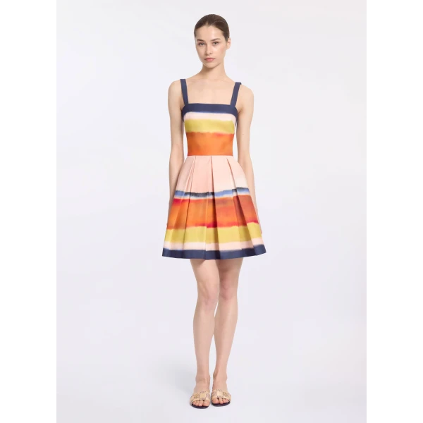 Elie Saab Printed Cotton Short Dress in Multicolour featuring Straight Across Neckline – Luxury Designer Fashion at Coveti.
