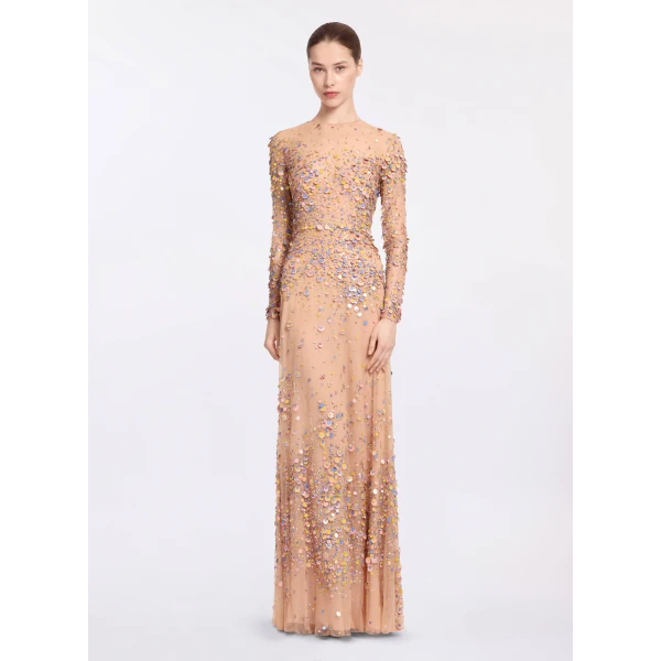 Elie Saab Sequin Embroidered Long Dress in Pink featuring Multicolored Sequins – Luxury Designer Fashion at Coveti.