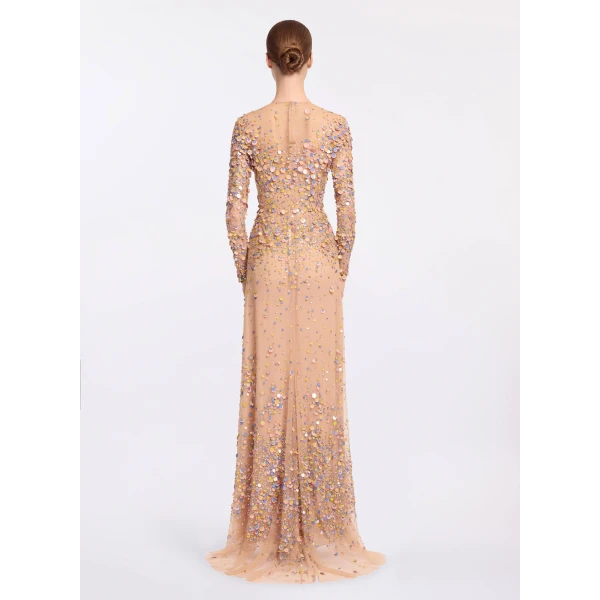 Elie Saab Sequin Embroidered Long Dress in Pink featuring Multicolored Sequins – Luxury Designer Fashion at Coveti.