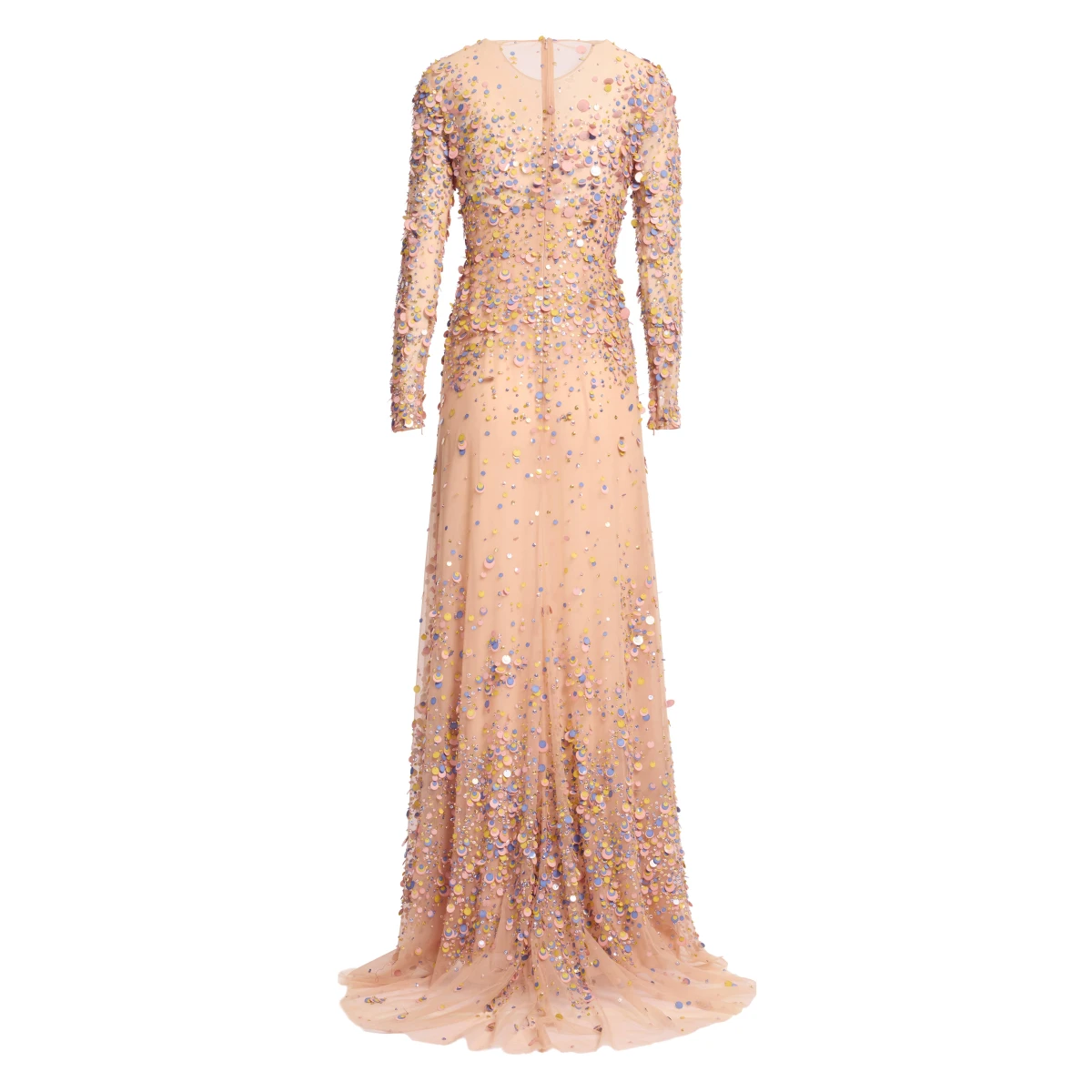 Elie Saab Sequin Embroidered Long Dress in Pink featuring Multicolored Sequins – Luxury Designer Fashion at Coveti.