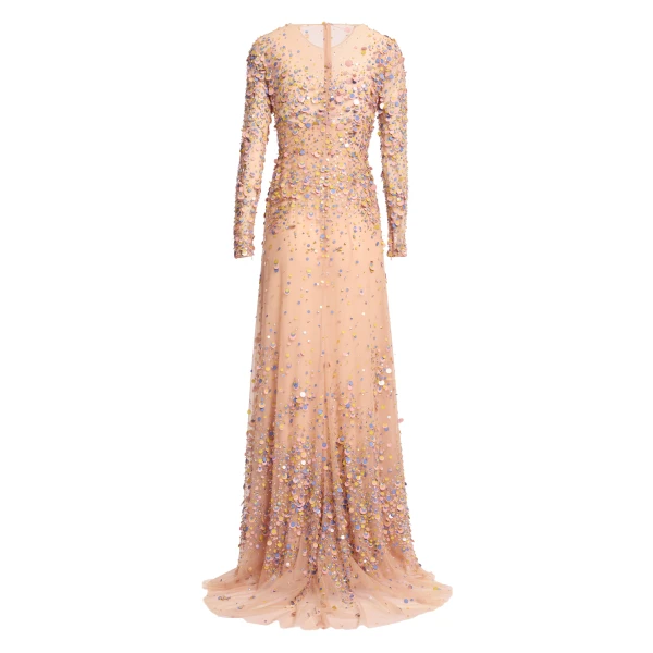 Elie Saab Sequin Embroidered Long Dress in Pink featuring Multicolored Sequins – Luxury Designer Fashion at Coveti.