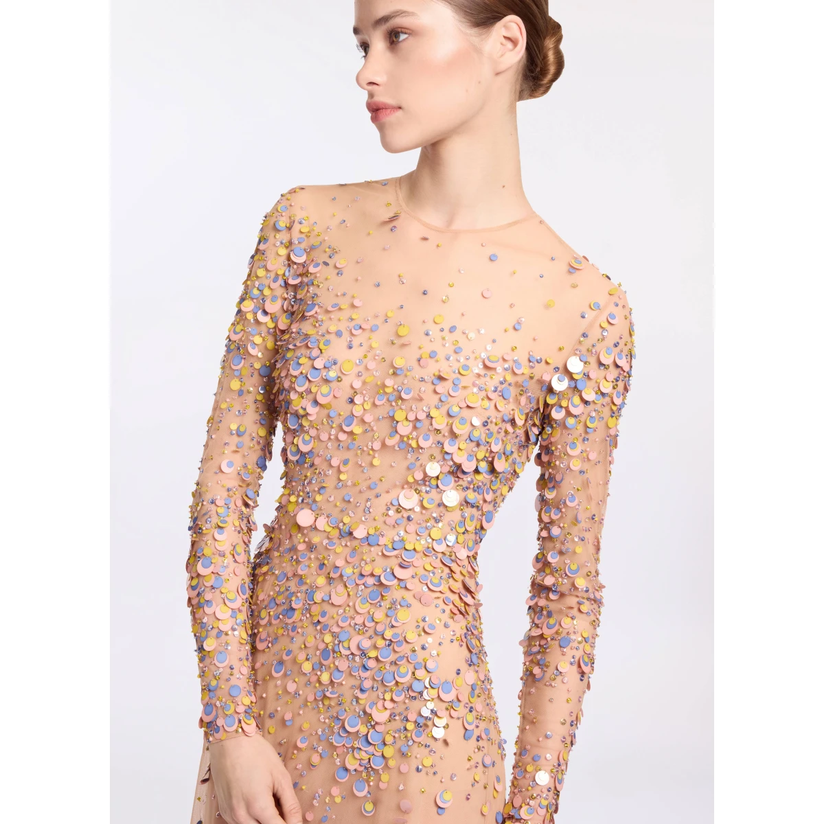 Elie Saab Sequin Embroidered Long Dress in Pink featuring Multicolored Sequins – Luxury Designer Fashion at Coveti.